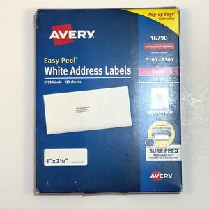 Avery Easy Peel White Address Labels 1x2 5/8 3750 Labels 125 Sheets Laser Inkjet
